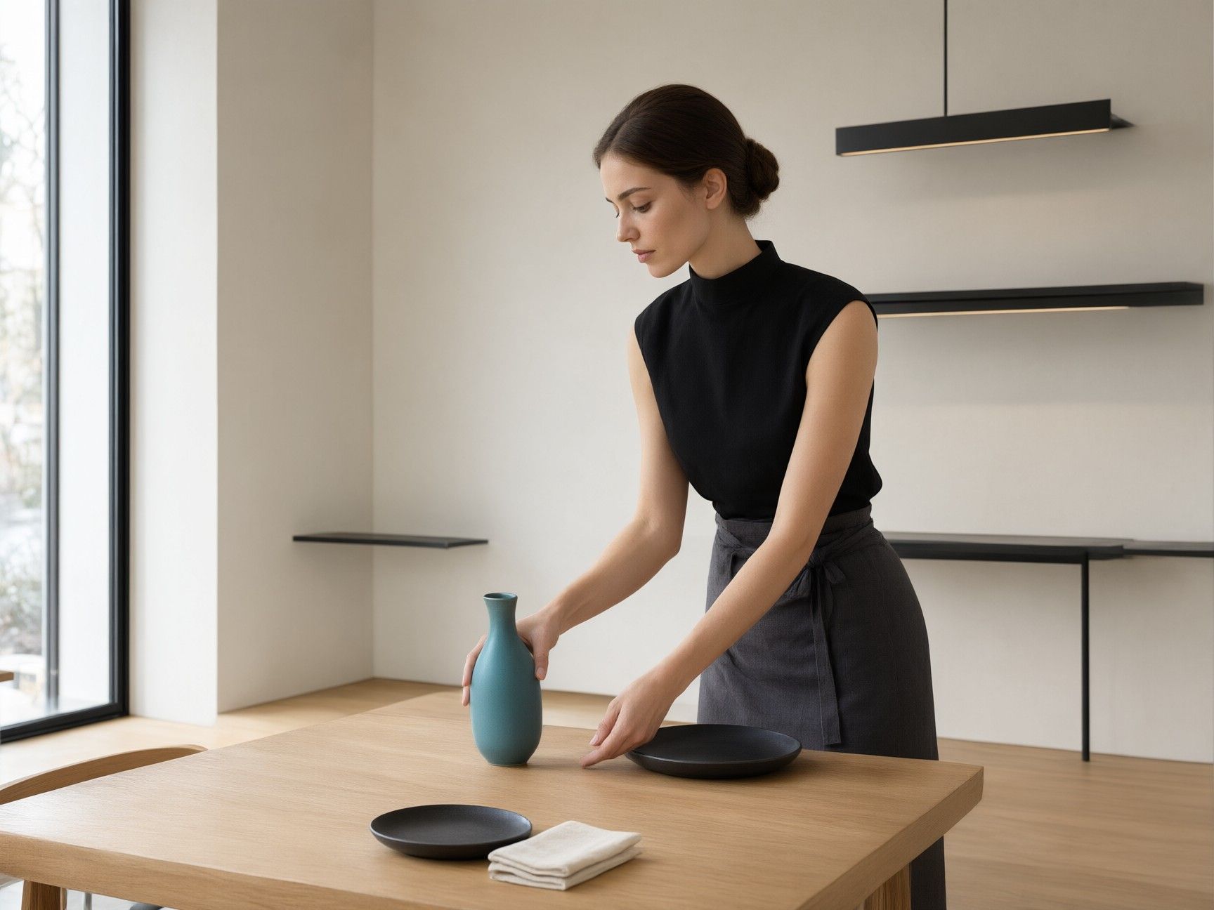 Host in a contemporary restaurant laying a table by the window